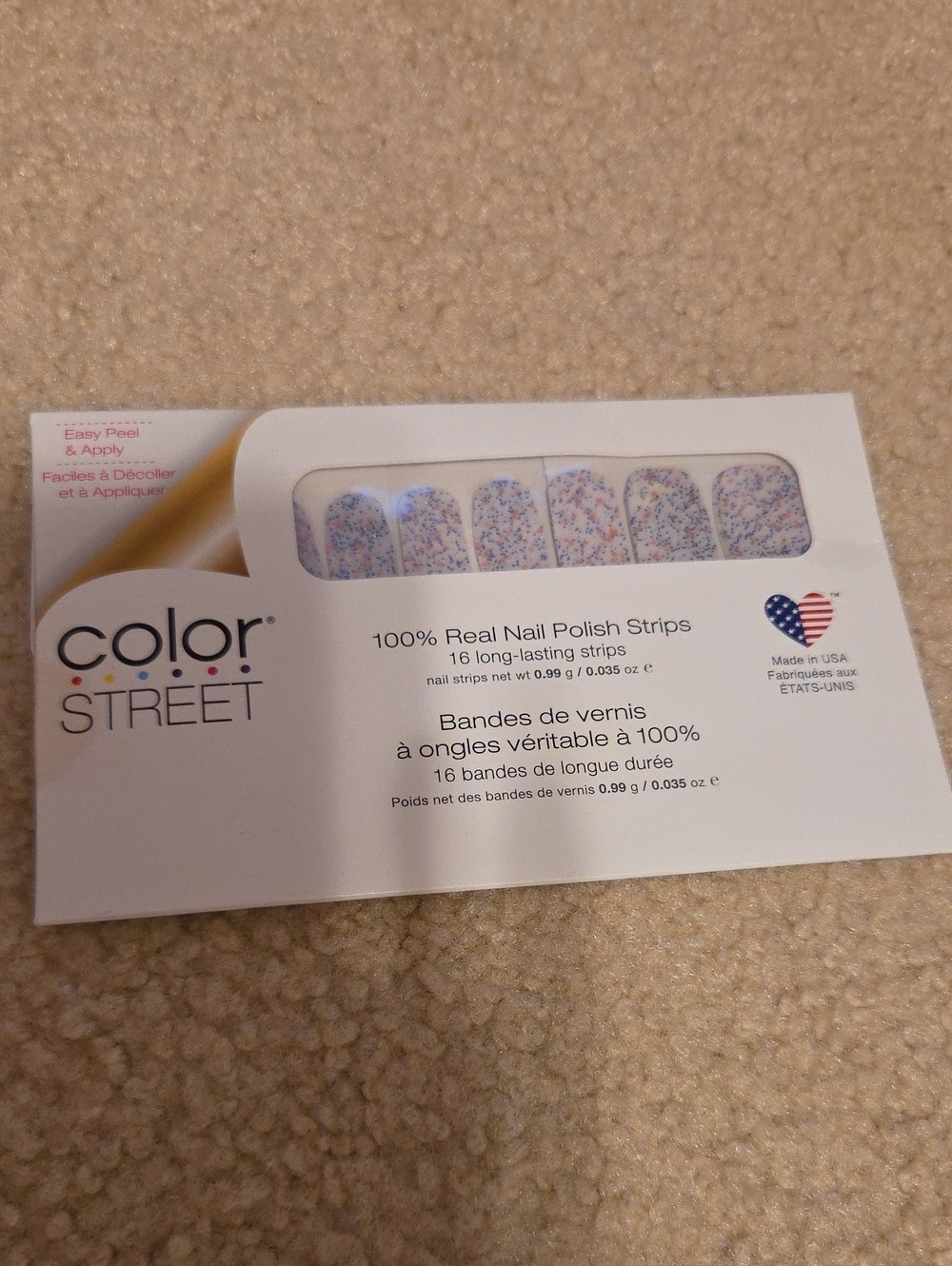 Color Street White Nail Strips with Blue and Pink Confetti